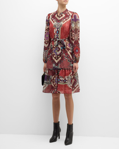 Shop Kobi Halperin Candace Ikat-print Belted Long-sleeve Tiered Dress In Beet Multi