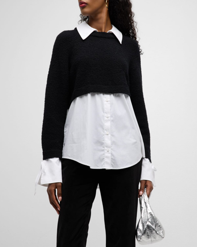 Shop Cinq À Sept Nelida Long-sleeve Collared Combo Knit Top In Blackwhite