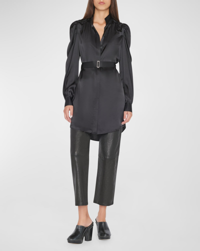 Shop Frame Gillian Long-sleeve Silk Mini Dress In Noir