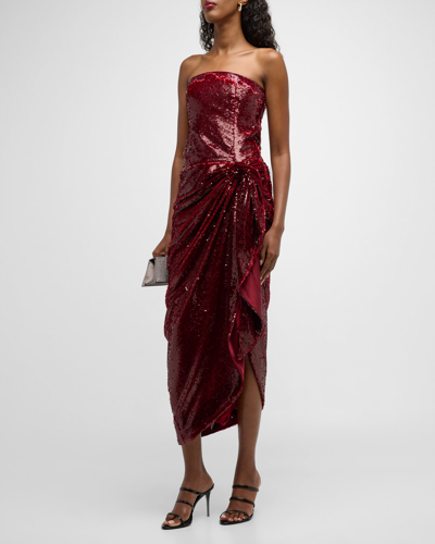 Shop Cinq À Sept Shea Sequin Strapless Draped High-low Gown In Oxblood