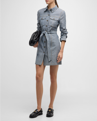 Shop Cinq À Sept Clea Belted Scrunched-sleeve Denim Mini Dress In Light Indigo