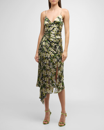 Shop Alice And Olivia Shawna Side-ruched Asymmetric Slip Dress In Moonlight Floral