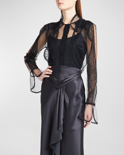 Shop Alberta Ferretti Lace-trim Fishnet Collared Blouse In Black