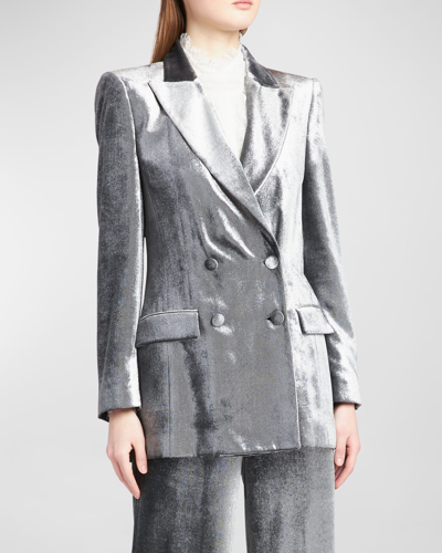 Shop Alberta Ferretti Velvet Double-breasted Blazer Jacket In Grey Multi