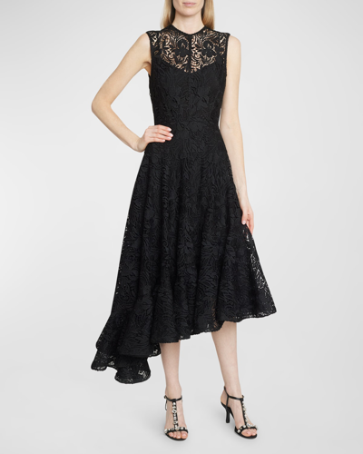 Shop Erdem Sleeveless Asymmetric Ruffle Lace Illusion Midi Dress In Black