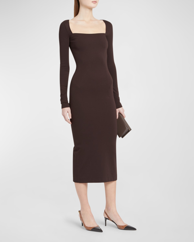 Shop Dolce & Gabbana Square-neck Body-con Midi Dress In Dark Brown