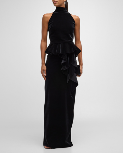 Shop Chiara Boni La Petite Robe Sleeveless Turtleneck Velvet Peplum Gown In Black
