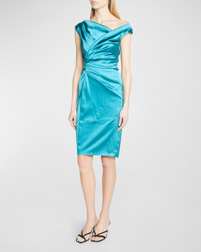 Shop Talbot Runhof Stretch Satin Off-shoulder Duchesse Dress In Light Blue