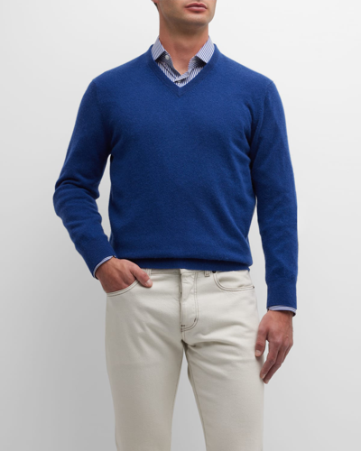 Shop Neiman Marcus Men's Cashmere V-neck Sweater In Bright Blue