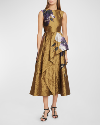 Shop Erdem Floral-print Asymmetric Draped Sleeveless Midi Dress In Gold