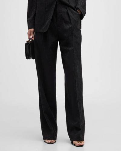Shop St John Leopard Wool Jacquard Pleated Straight-leg Pants In Black