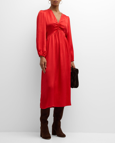 Shop Xirena Eloise Ruched Blouson-sleeve Empire Midi Dress In Ruby Red