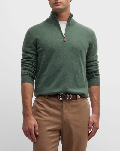 Shop Neiman Marcus Men's Cashmere Quarter-zip Sweater In Olive