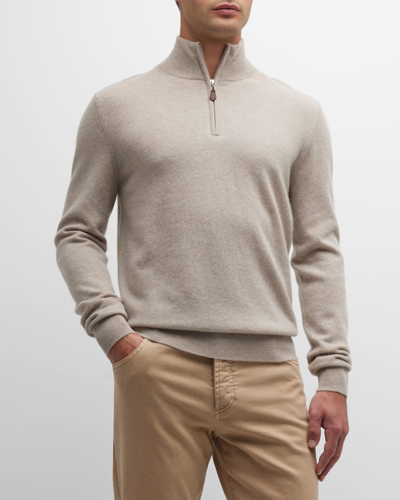 Shop Neiman Marcus Men's Cashmere Quarter-zip Sweater In Antelope