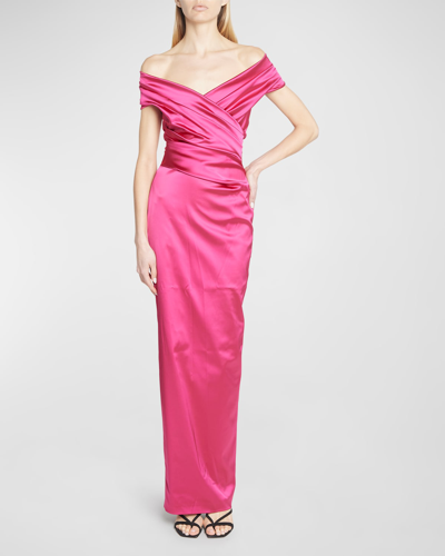 Shop Talbot Runhof Stretch Satin Off-shoulder Duchesse Gown In Hot Pink