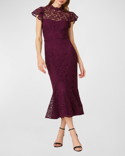 Shop Shoshanna Lea Flutter-sleeve Floral Lace Midi Dress In Plum