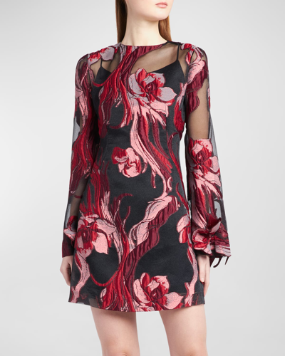 Shop Alberta Ferretti Flower-applique Long-sleeve Sheer Floral Brocade Mini Dress In Red Multi