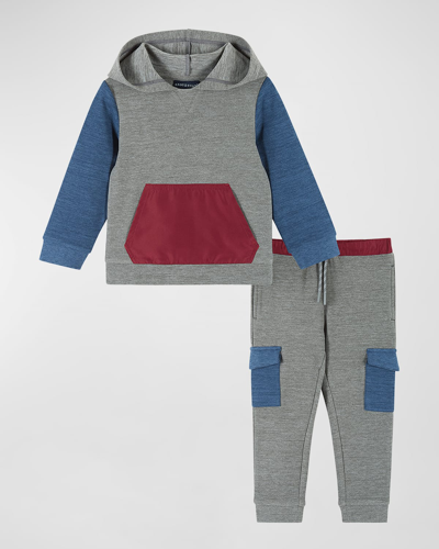 Shop Andy & Evan Boy's Double-peached Colorblock Hoodie And Pants Set In Clrblk Grey