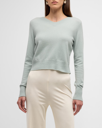 Shop Vince Cropped Wool-blend V-neck Pullover Sweater In Sea Mist