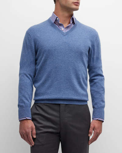 Shop Neiman Marcus Men's Cashmere V-neck Sweater In Denim Blue