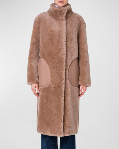 Shop Akris Punto Mixed-media Faux Fur Long Coat In Malt