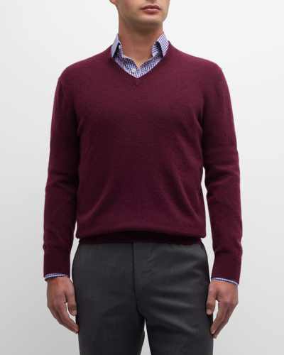 Shop Neiman Marcus Men's Cashmere V-neck Sweater In Wine