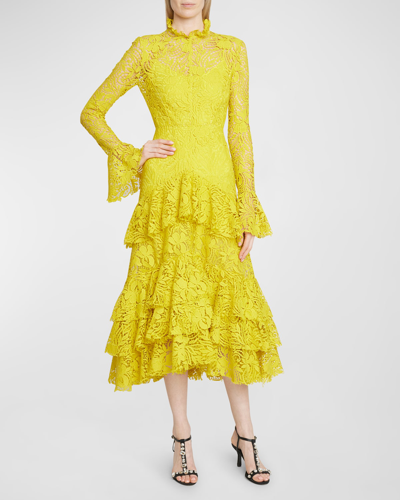 Shop Erdem Tiered Ruffle Long-sleeve Lace Midi Dress In Yellow