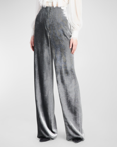 Shop Alberta Ferretti Velvet Straight-leg Trousers In Grey Multi