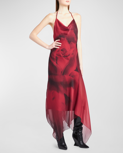 Shop Alberta Ferretti Rose-print Cowl Halter Handkerchief Maxi Dress In Red Multi