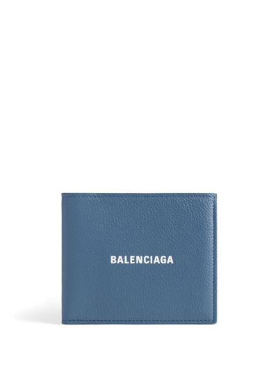 Shop Balenciaga Cash Logo-print Calfskin Wallet In Blue