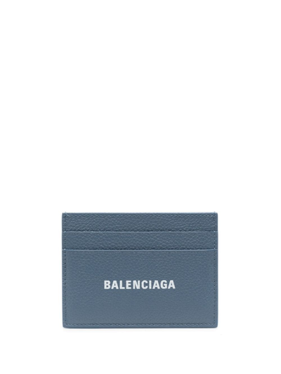 Shop Balenciaga Logo-print Leather Cardholder In Blue