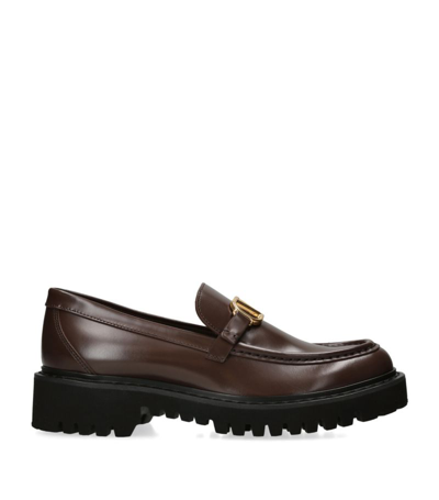 Shop Valentino Leather Vlogo Loafers In Brown