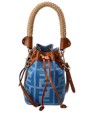 Shop Fendi Mon Tresor Mini Denim & Leather Bucket Bag In Blue