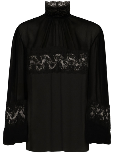 Shop Dolce & Gabbana Lace Detail Silk Blouse In Black