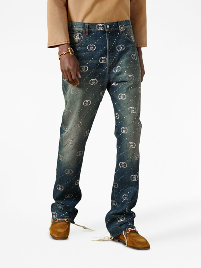 Shop Gucci Crystal Embellished Intrelocking G Jeans In Blue