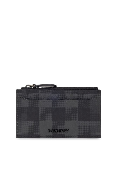 Shop Burberry Logo Plaque Checked Zipped Cardholder In Grey