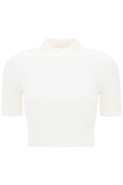 Shop Courrèges Rib Knit Cropped Sweater In White