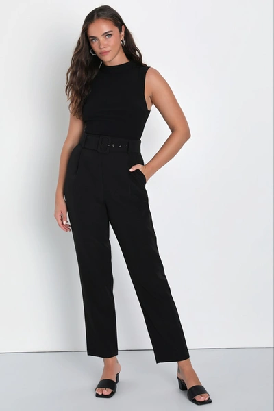 Shop Lulus Sophisticated Edge Black Sleeveless Belted Wide Leg Jumpsuit