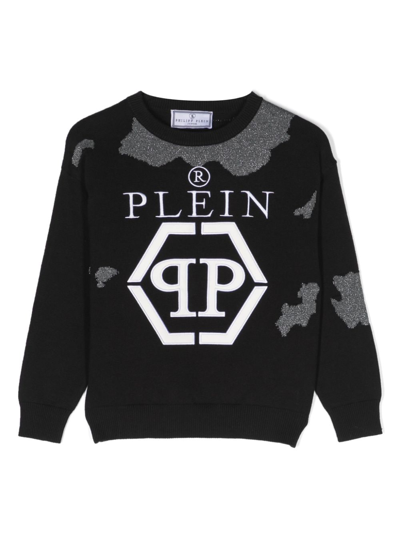 Shop Philipp Plein Junior Logo-embroidered Cotton Jumper In Black
