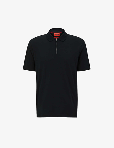 Shop Hugo Zip Placket Stretch Cotton-blend Polo Shirt In Black