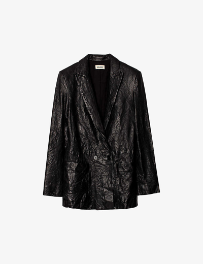 Shop Zadig & Voltaire Zadig&voltaire Women's Noir Visko Double-breasted Creased-leather Jacket