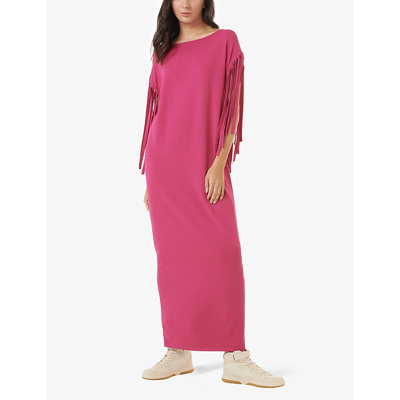 Shop Leem Fringed-sleeved Boat-neck Stretch-knitted Maxi Dress In Pink