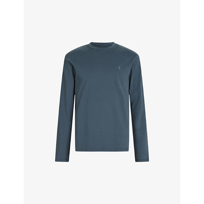Shop Allsaints Brace Long-sleeved Cotton-jersey Top In Jade Blue
