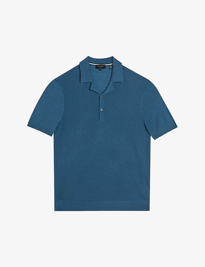 Shop Ted Baker Mens Teal-blue Adio Revere-collar Short-sleeve Textured-knit Polo