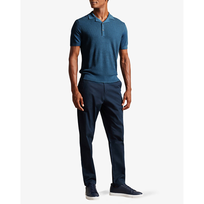 Shop Ted Baker Mens Teal-blue Adio Revere-collar Short-sleeve Textured-knit Polo