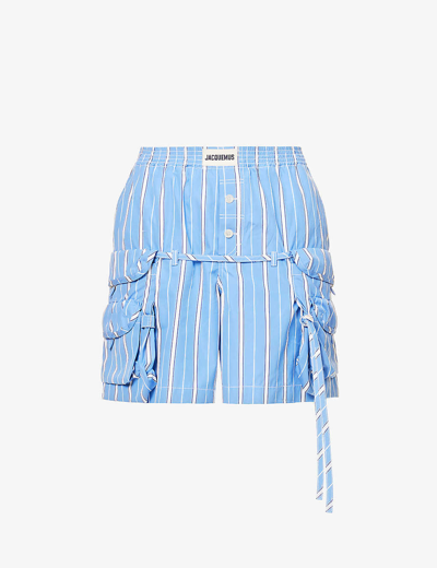 Shop Jacquemus Mens Blue Stripes Trivela Striped-pattern Cotton-poplin Shorts