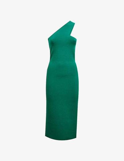 Shop Reiss Women's Green Lola One-shoulder Stretch-knit Midi Dress