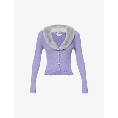 Shop Blumarine Women's Ultraviolet Ice Faux Fur-trim Slim-fit Knitted Cardigan