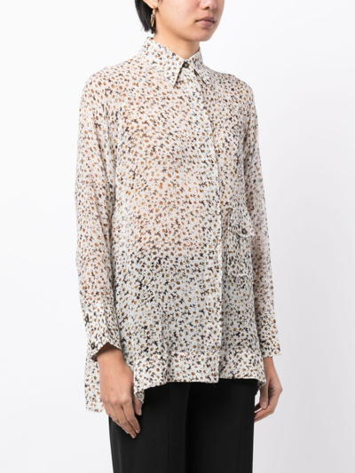 Shop Ganni Floral-print Long-sleeve Shirt In White