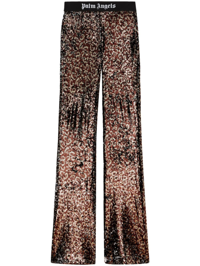 Shop Palm Angels Logo-tape Sequin Flared Trousers In Brown